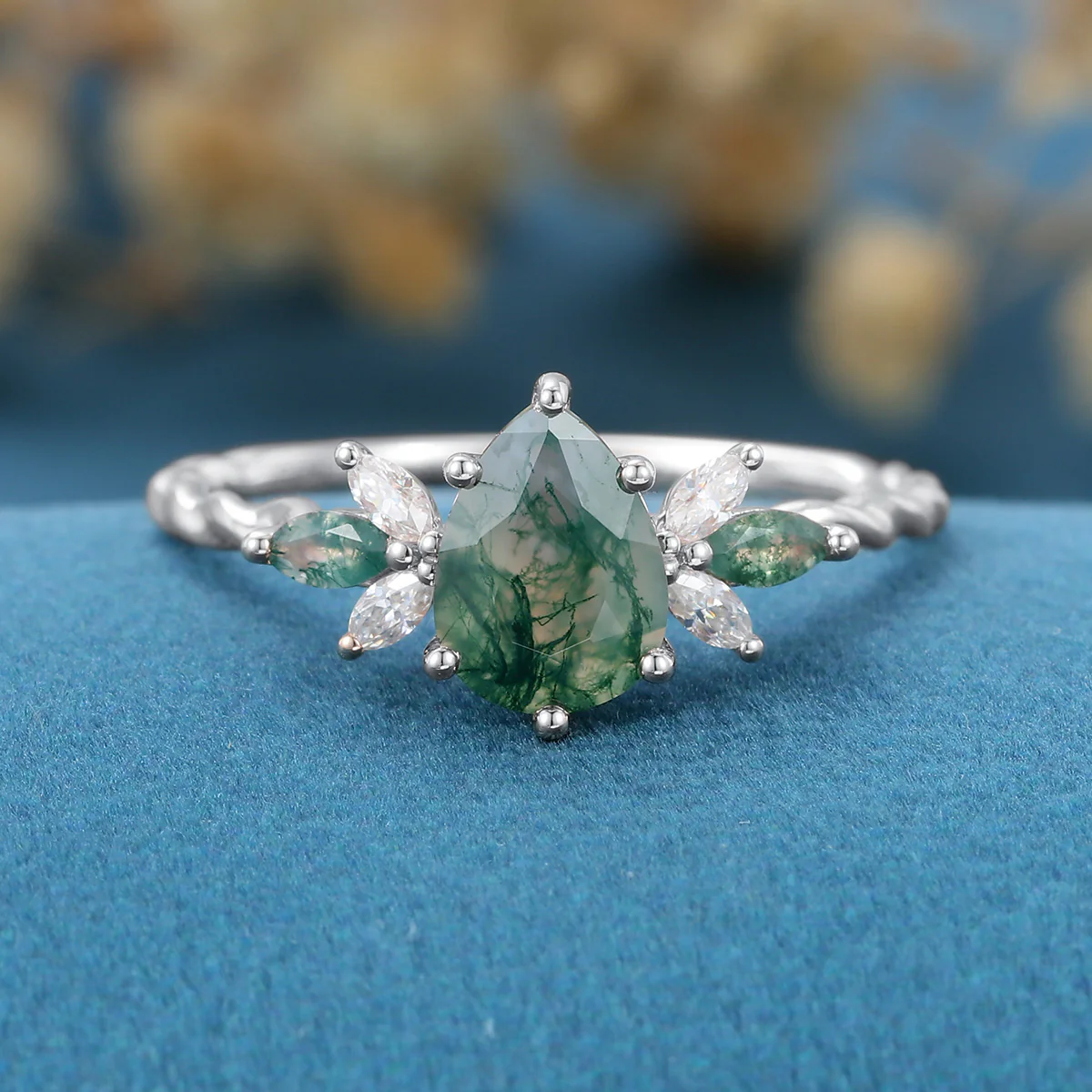 Inspired Pear cut Moss Agate Solid Gold Twisted Shank Engagement Ring - Image 6