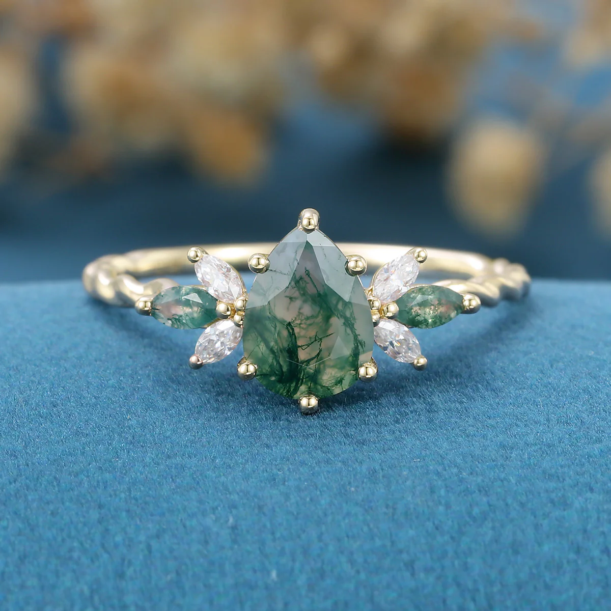 Inspired Pear cut Moss Agate Solid Gold Twisted Shank Engagement Ring - Image 7