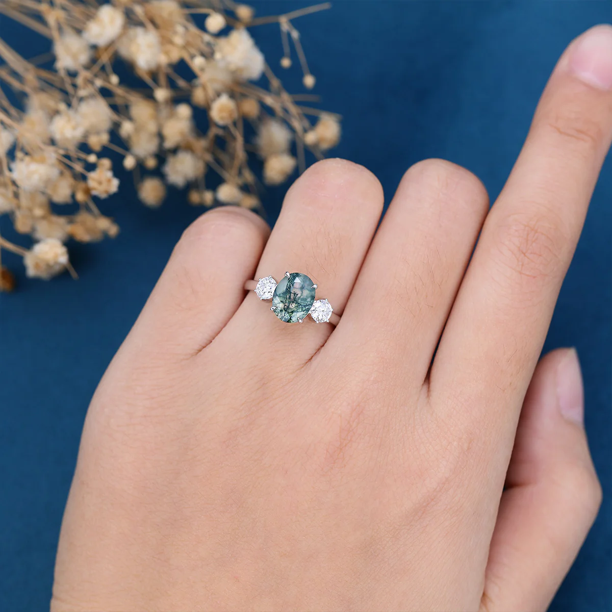 Natural Green Moss Agate Oval cut | Moissanite Engagement ring - Image 2
