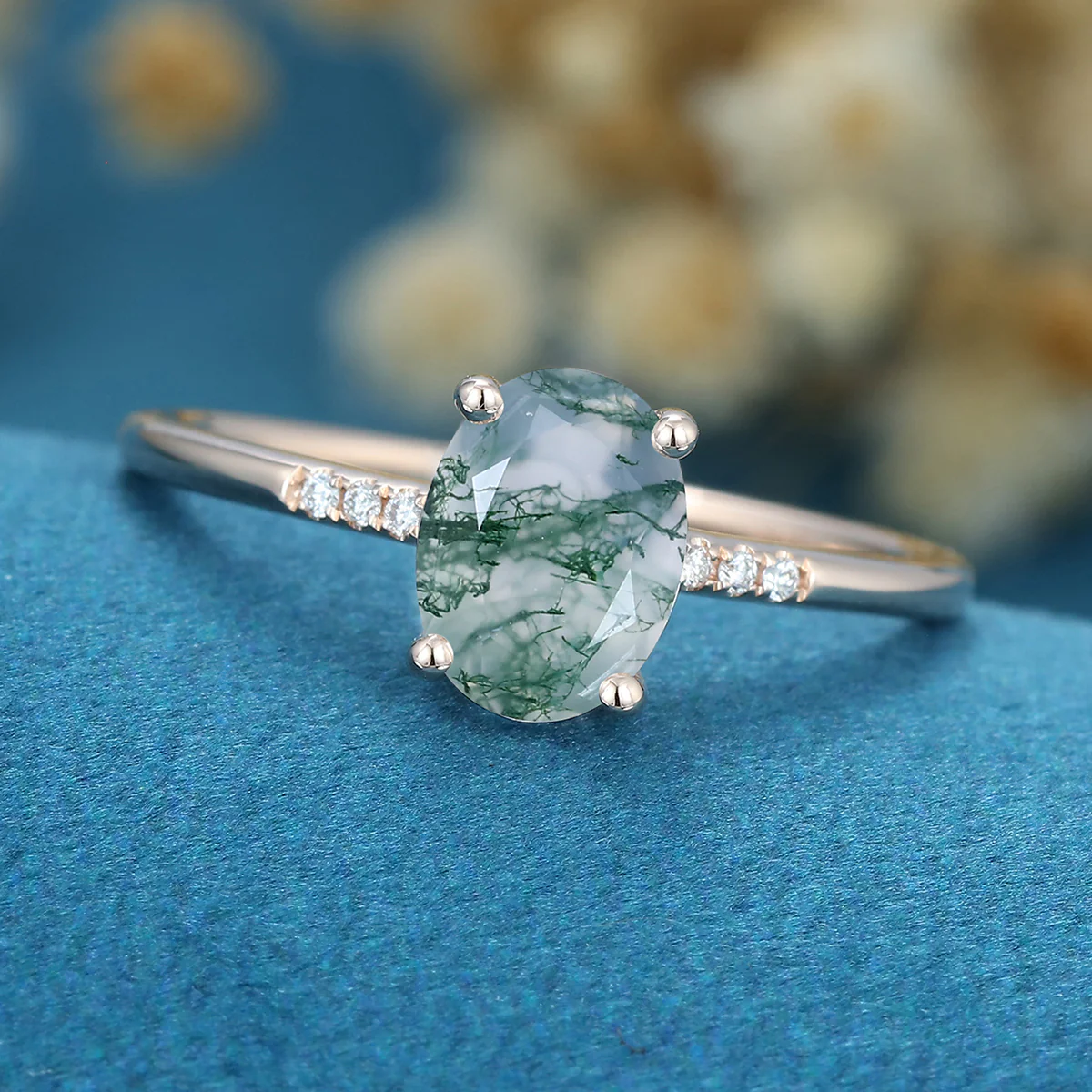 Oval Cut Natural Green Moss Agate Cluster Engagement Ring - Image 10