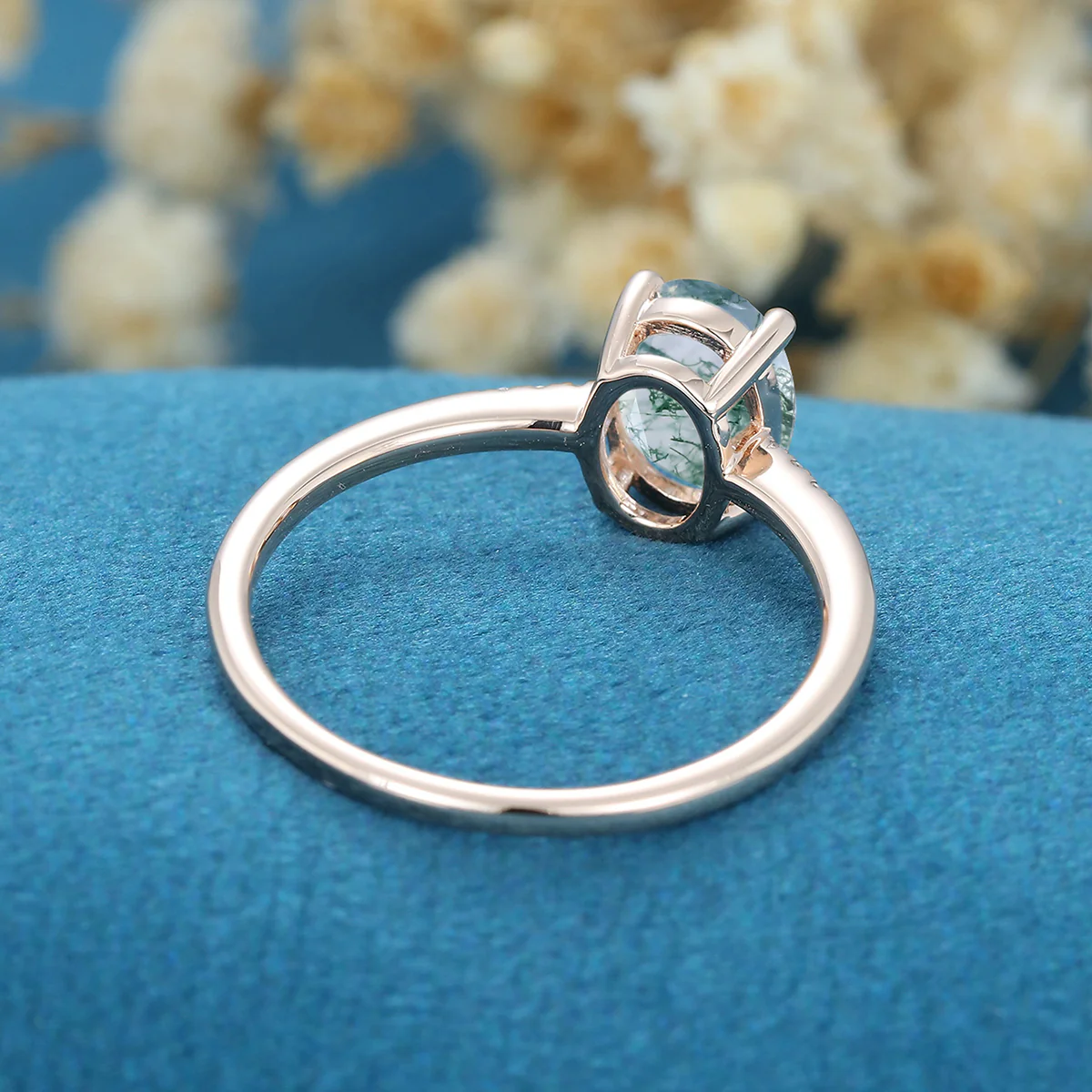 Oval Cut Natural Green Moss Agate Cluster Engagement Ring - Image 11