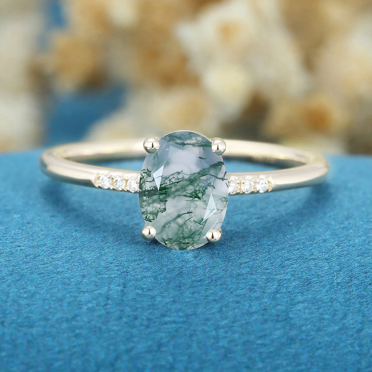 Oval Cut Natural Green Moss Agate Cluster Engagement Ring - Image 12
