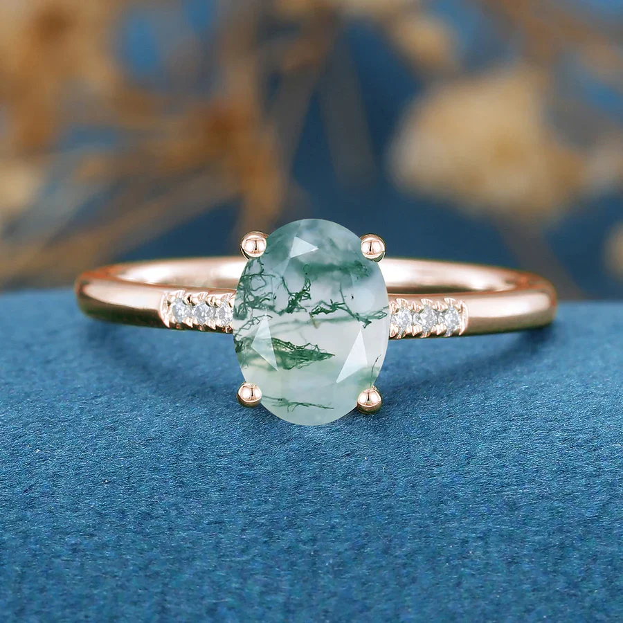 Oval Cut Natural Green Moss Agate Cluster Engagement Ring - Image 3