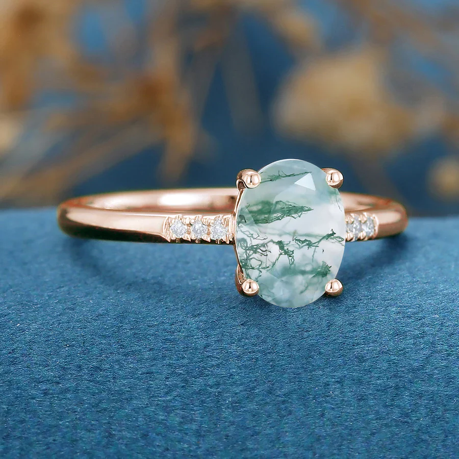 Oval Cut Natural Green Moss Agate Cluster Engagement Ring - Image 4