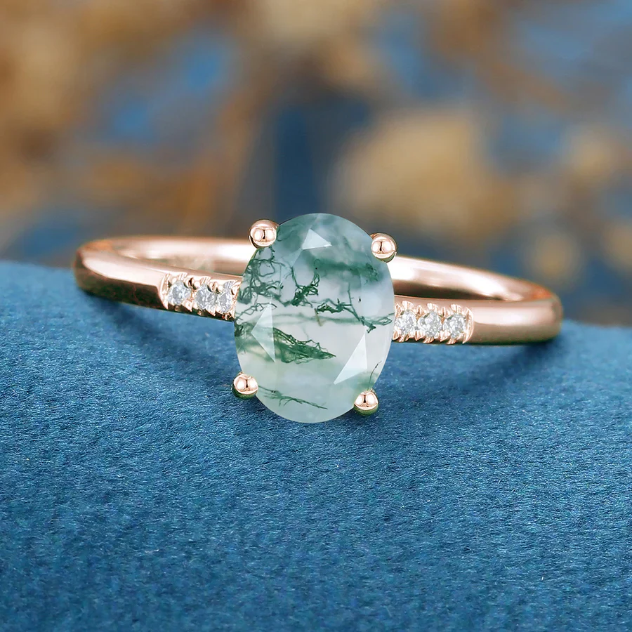 Oval Cut Natural Green Moss Agate Cluster Engagement Ring - Image 5