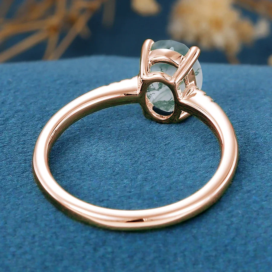 Oval Cut Natural Green Moss Agate Cluster Engagement Ring - Image 6
