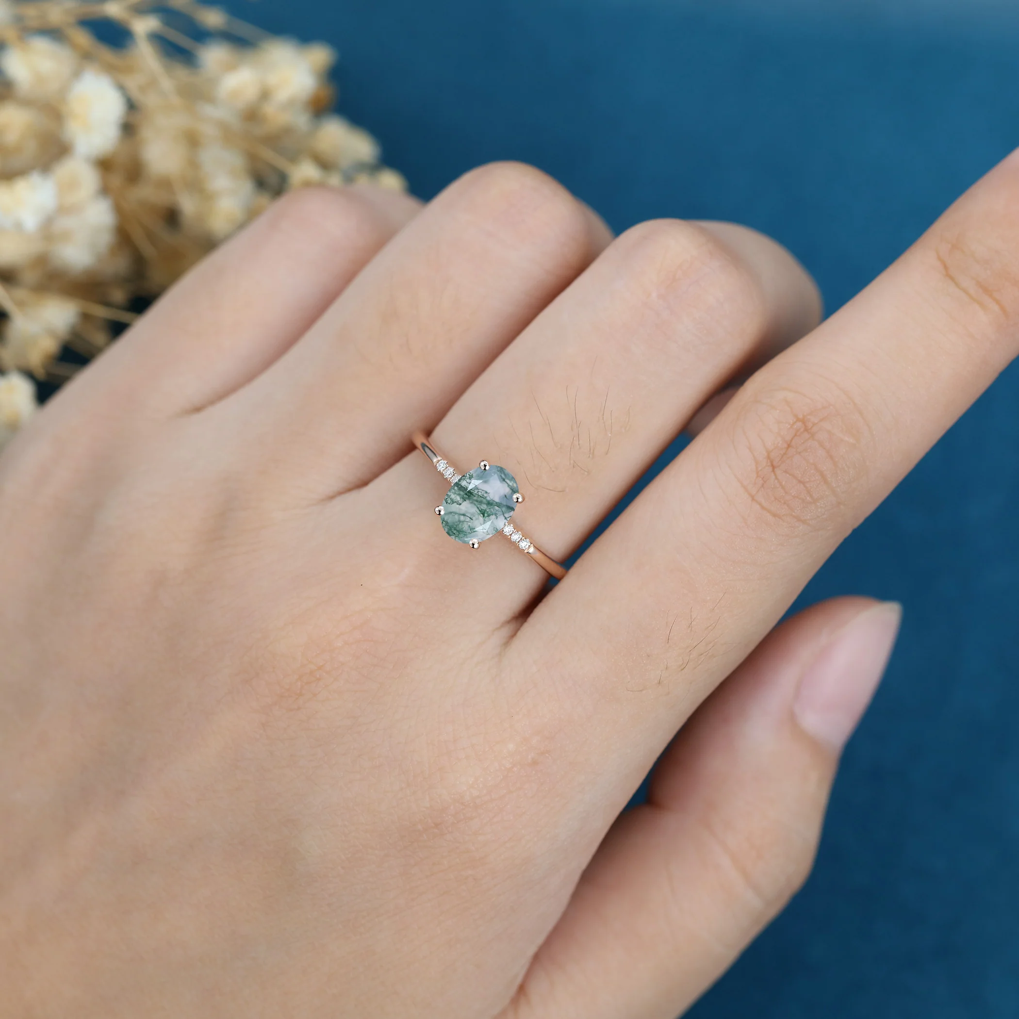 Oval Cut Natural Green Moss Agate Cluster Engagement Ring - Image 7