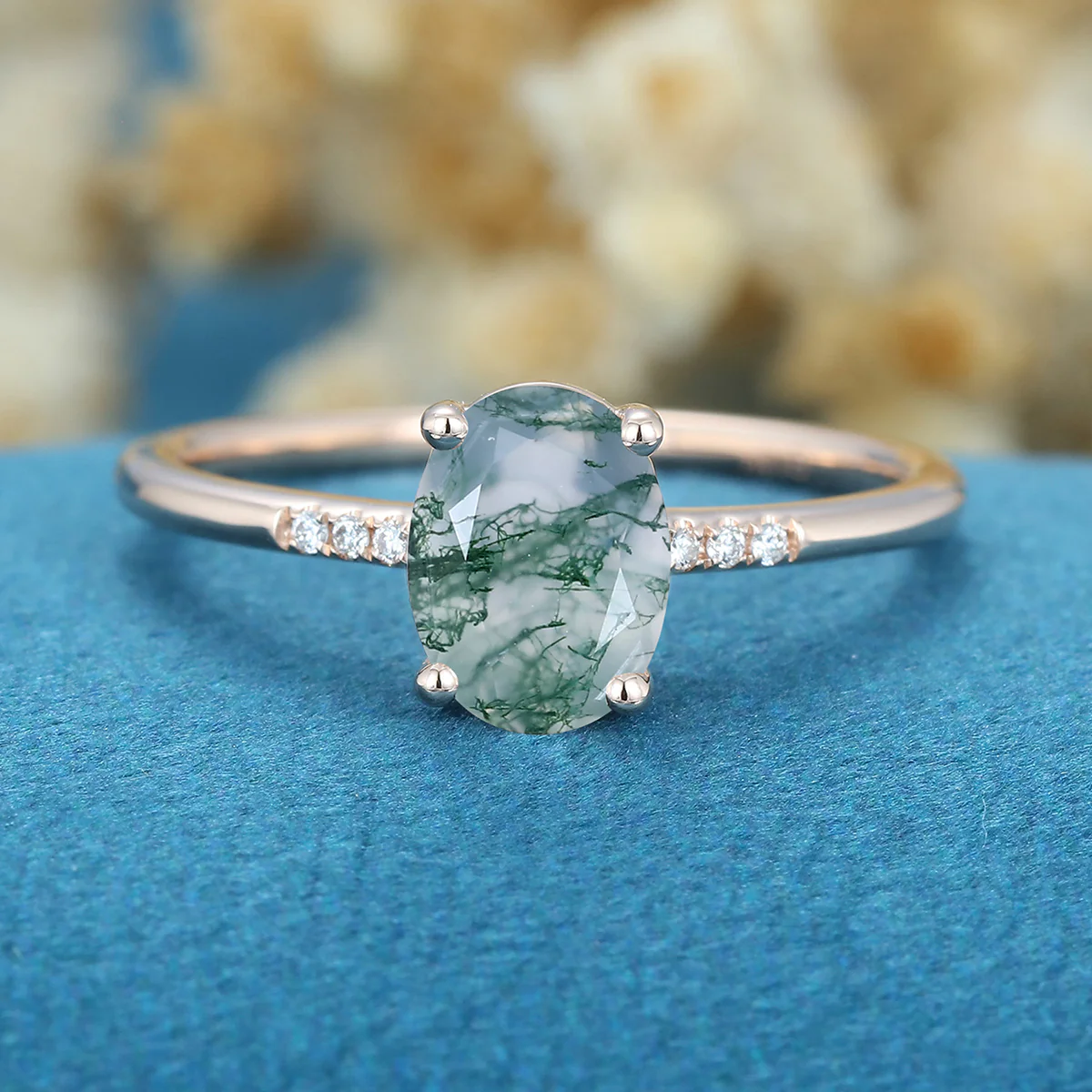 Oval Cut Natural Green Moss Agate Cluster Engagement Ring - Image 8