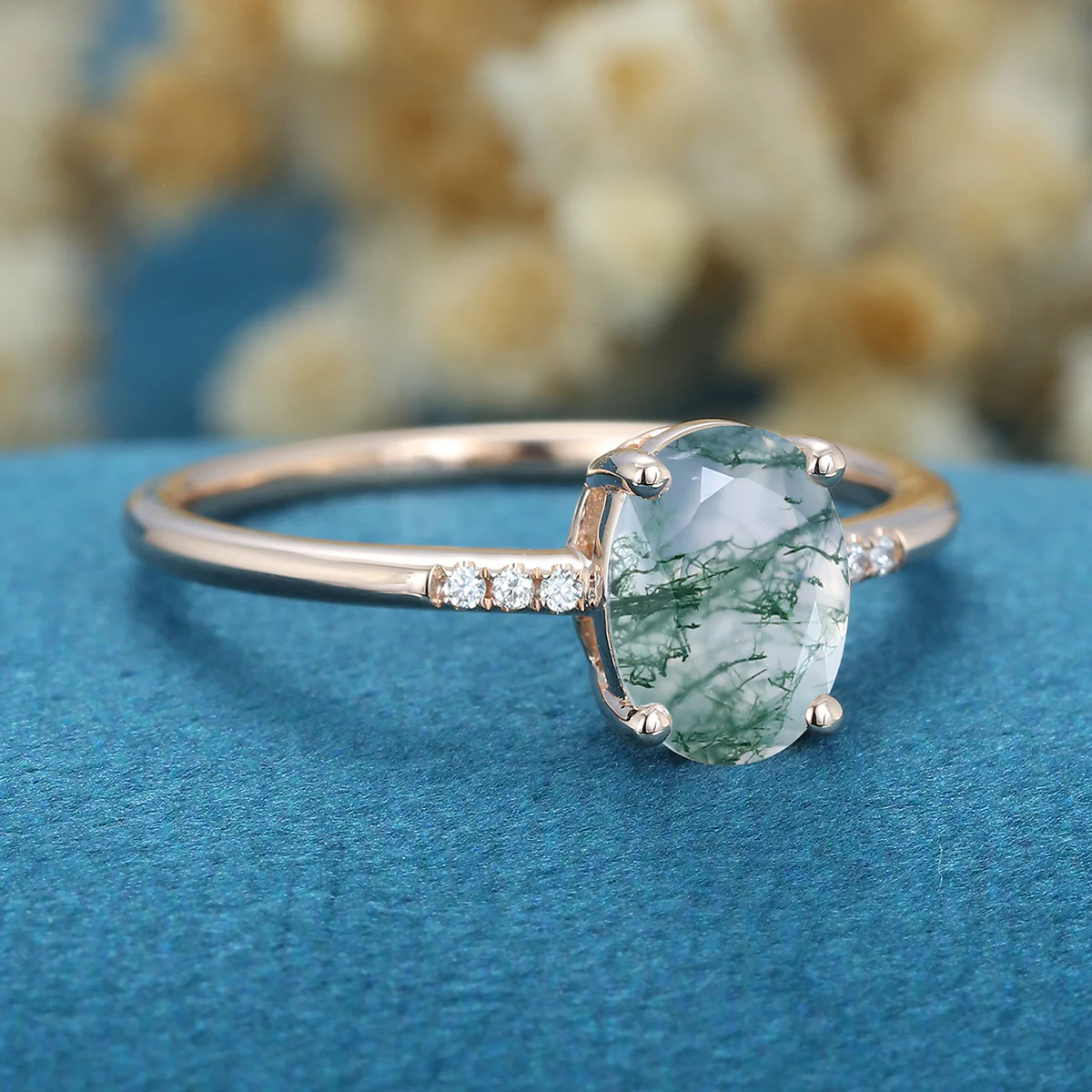 Oval Cut Natural Green Moss Agate Cluster Engagement Ring - Image 9