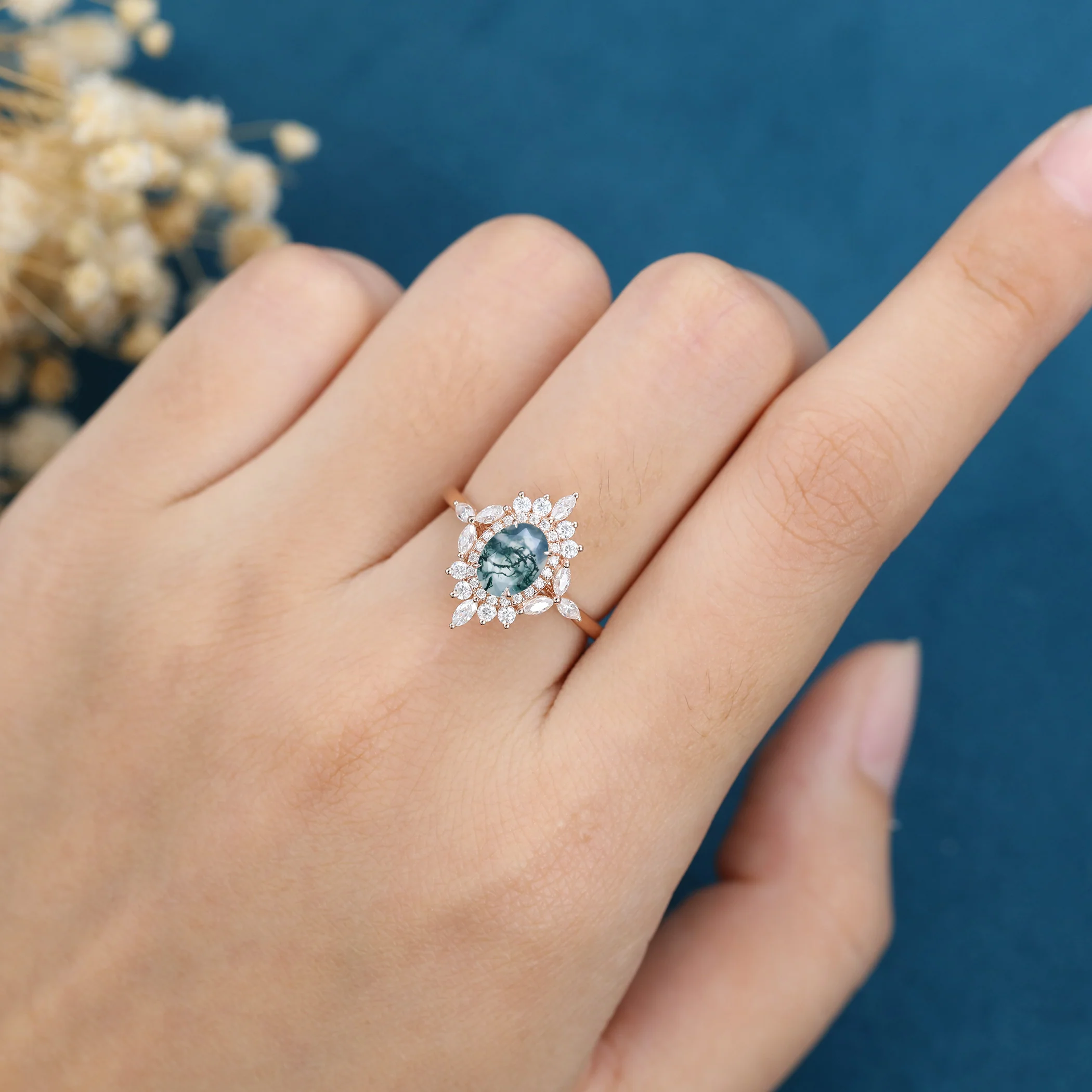 Oval Cut Natural Green Moss Agate Cluster Engagement Ring - Image 2