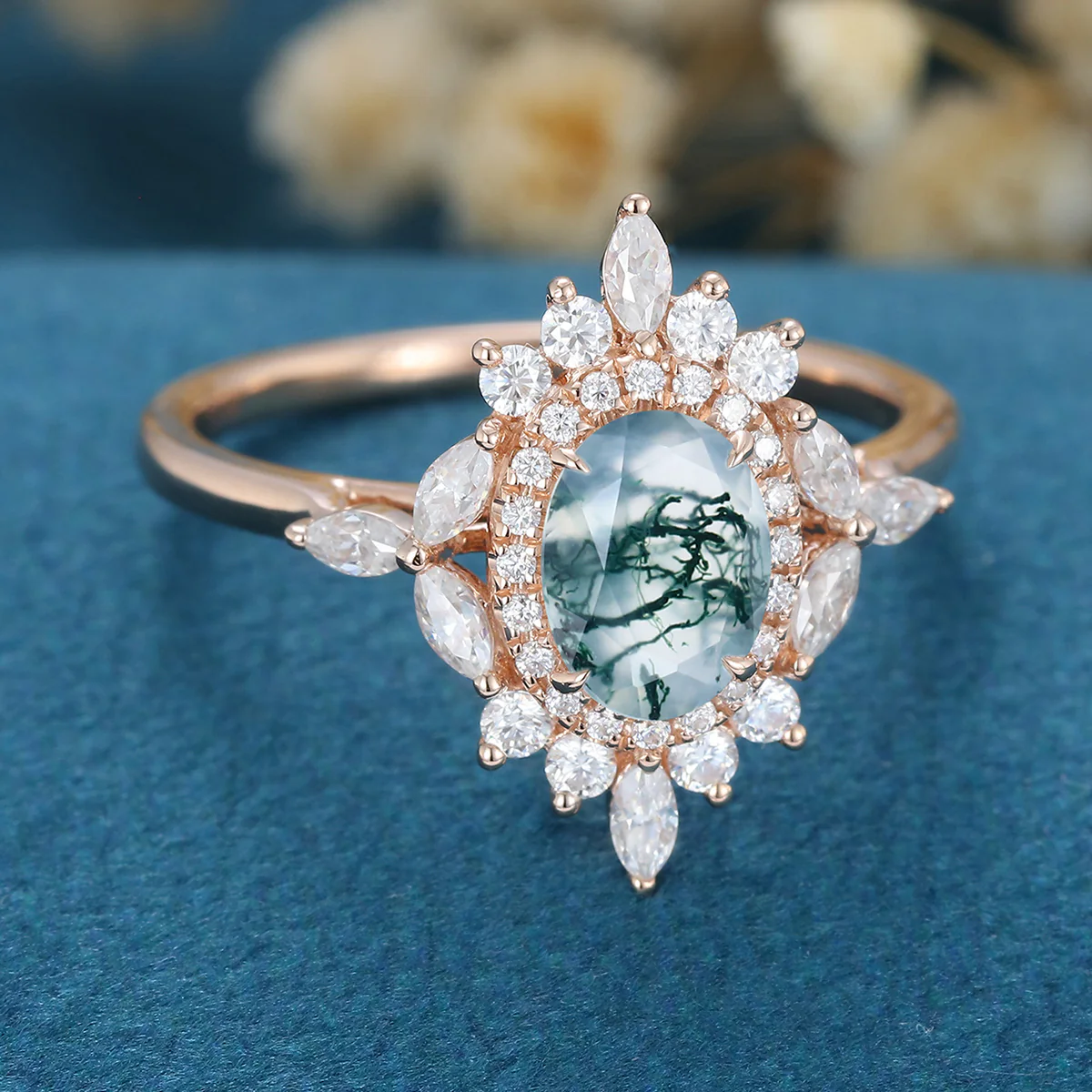 Oval Cut Natural Green Moss Agate Cluster Engagement Ring - Image 4