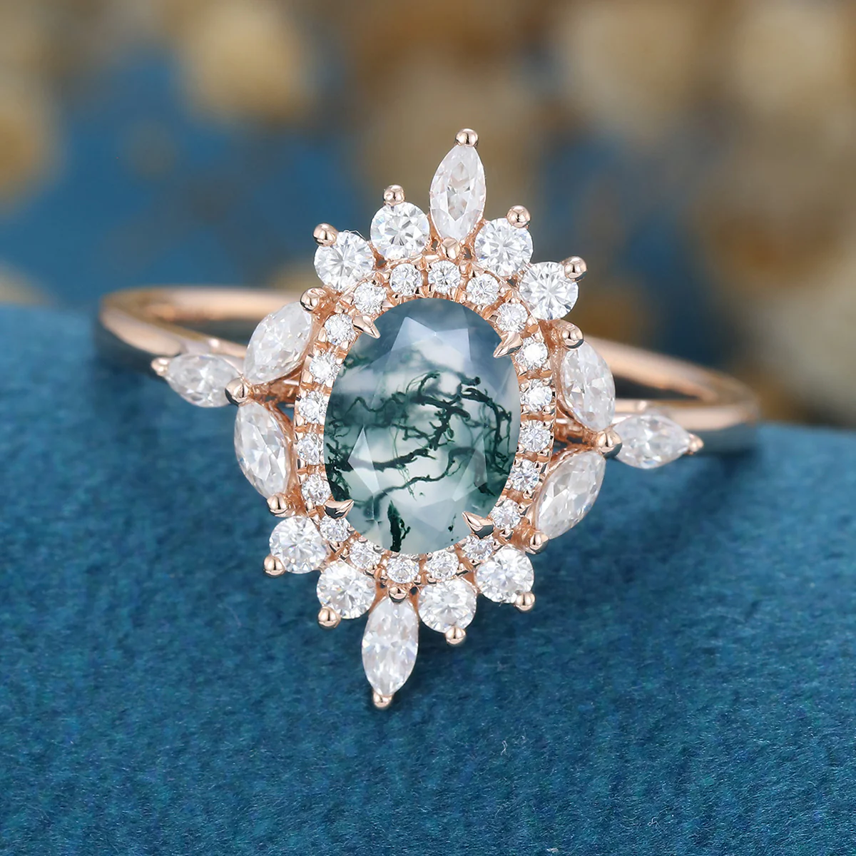 Oval Cut Natural Green Moss Agate Cluster Engagement Ring - Image 5
