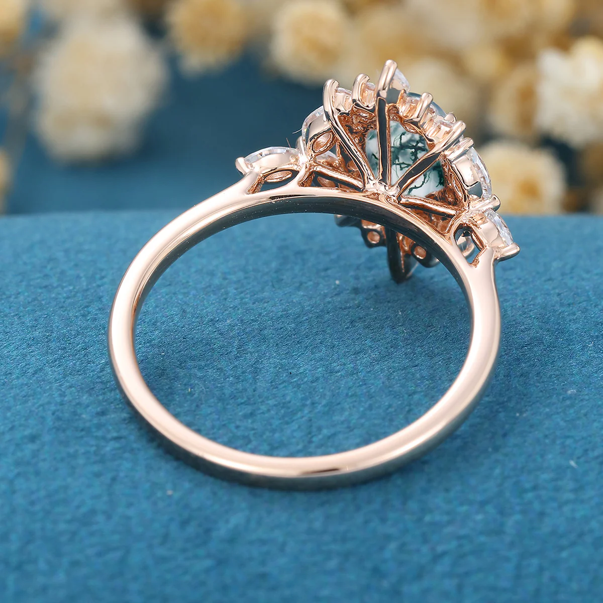 Oval Cut Natural Green Moss Agate Cluster Engagement Ring - Image 6