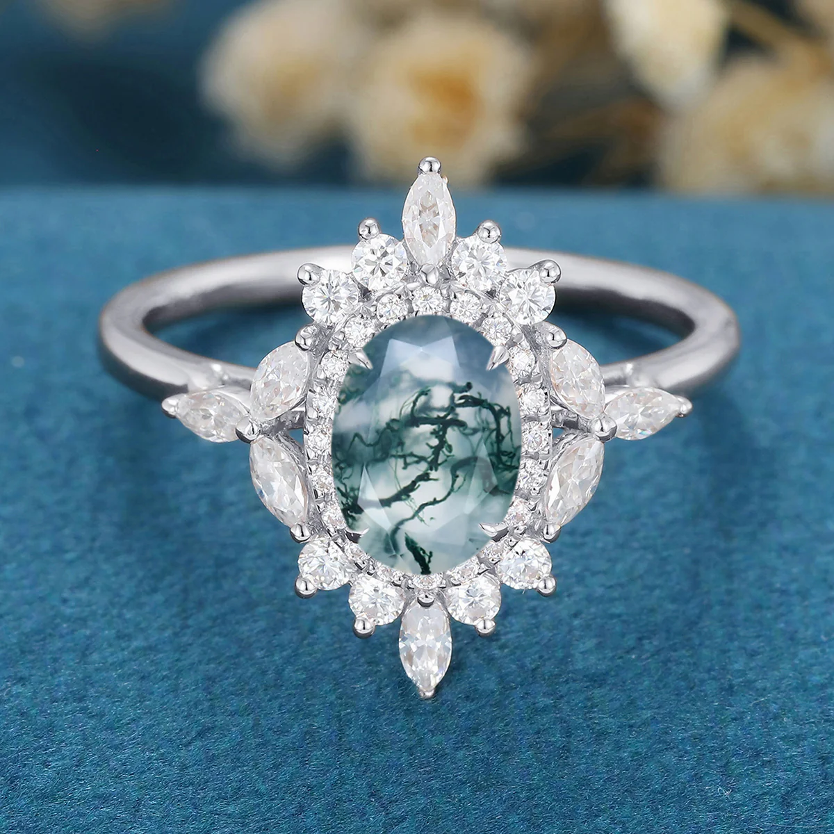 Oval Cut Natural Green Moss Agate Cluster Engagement Ring - Image 8