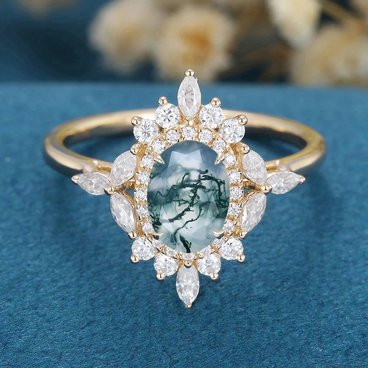 Oval Cut Natural Green Moss Agate Cluster Engagement Ring - Image 9