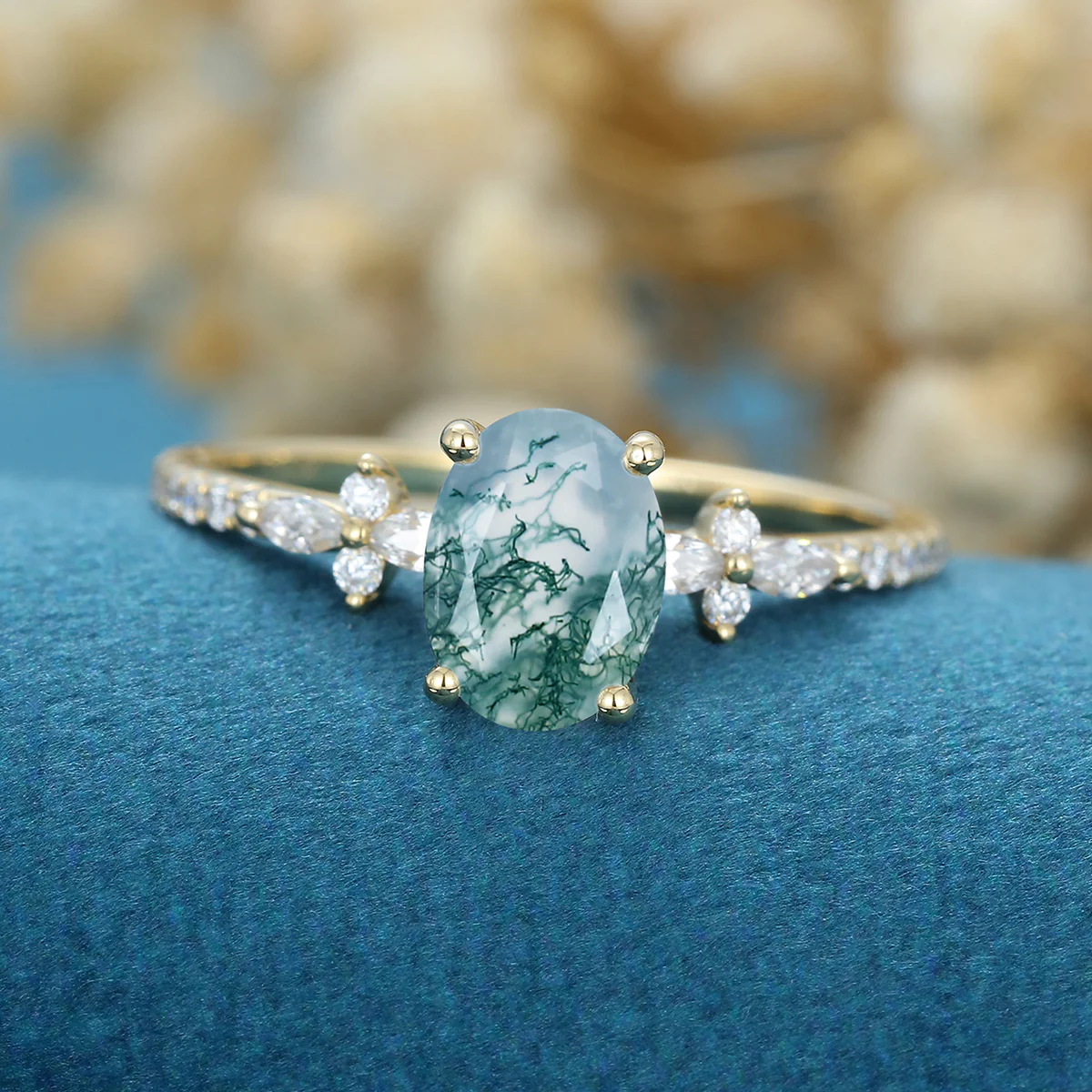 Oval Cut Natural Green Moss Agate Cluster Engagement Ring - Image 4