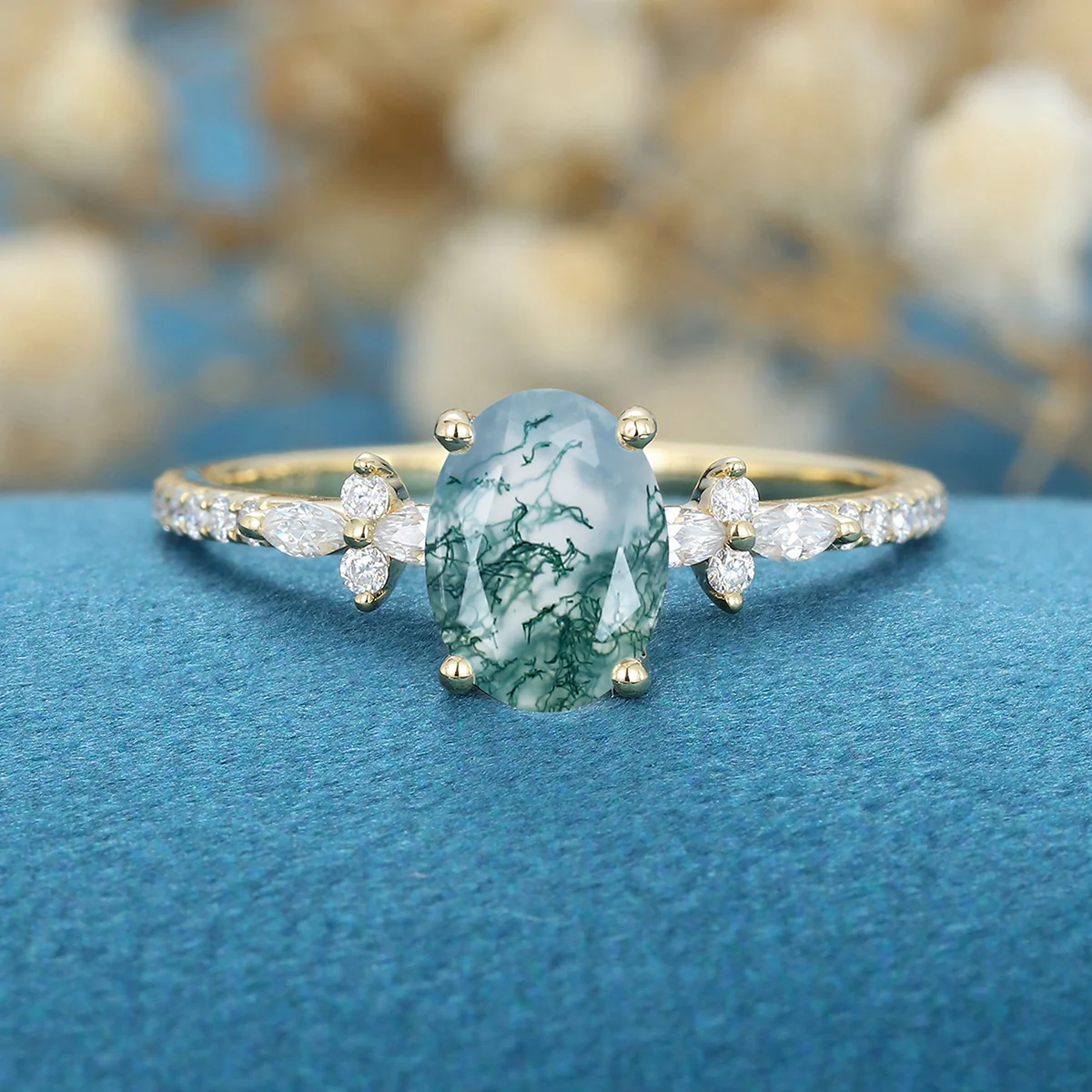 Oval Cut Natural Green Moss Agate Cluster Engagement Ring - Image 7