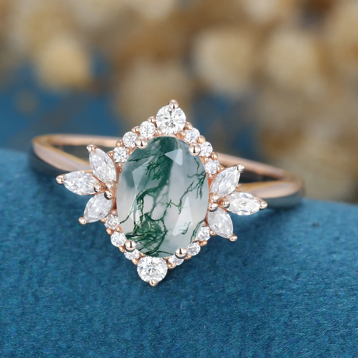 Oval Cut Natural Green Moss Agate Cluster Engagement Ring - Image 4
