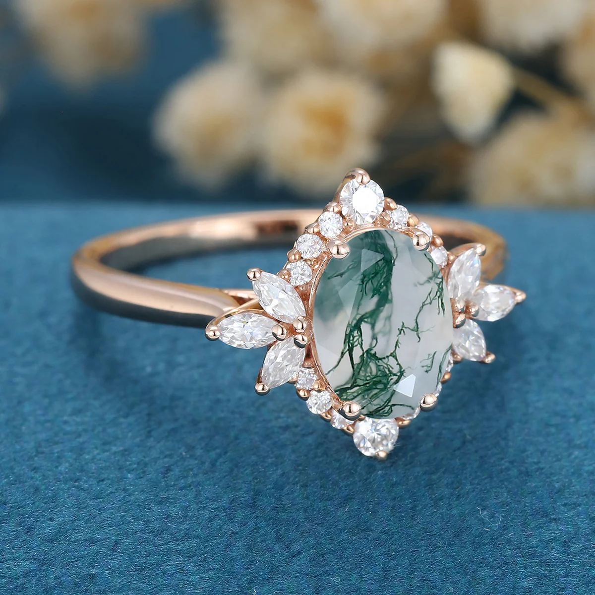 Oval Cut Natural Green Moss Agate Cluster Engagement Ring - Image 5