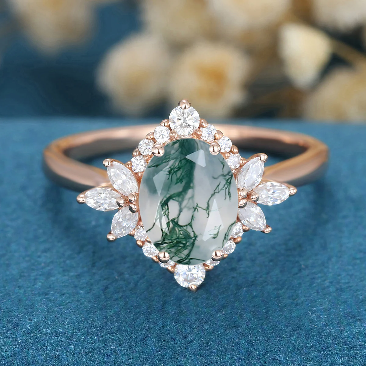 Oval Cut Natural Green Moss Agate Cluster Engagement Ring - Image 7