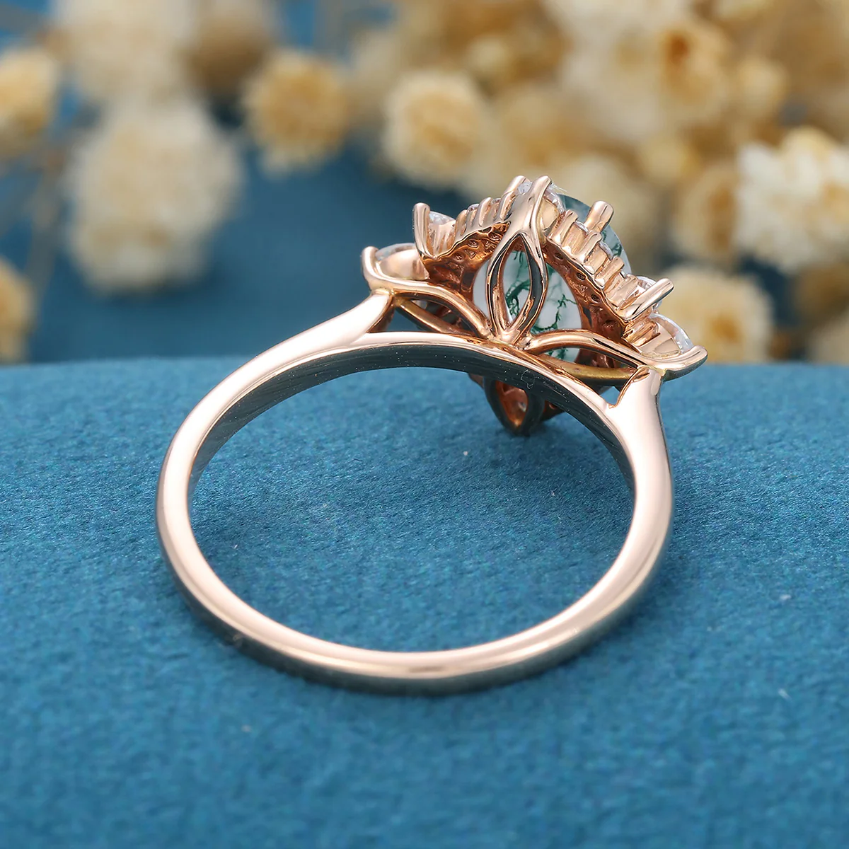 Oval Cut Natural Green Moss Agate Cluster Engagement Ring - Image 9
