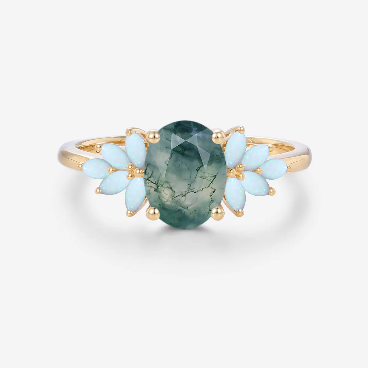 Oval Cut Natural Green Moss Agate Cluster Engagement Ring - Image 10