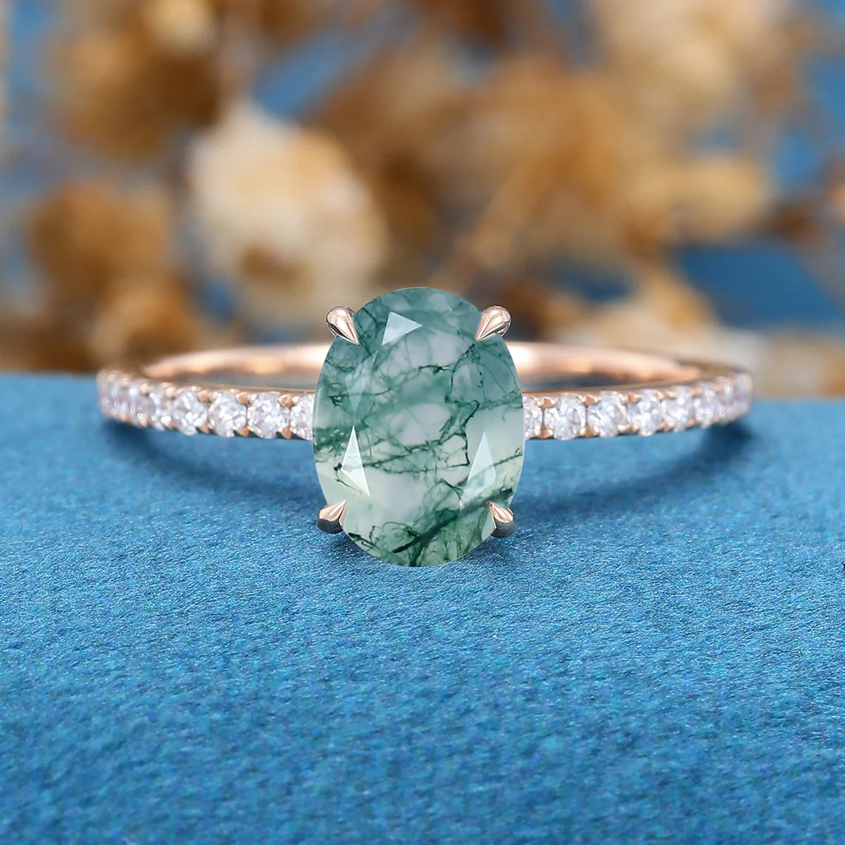 Oval Cut Natural Green Moss Agate Cluster Engagement Ring - Image 3