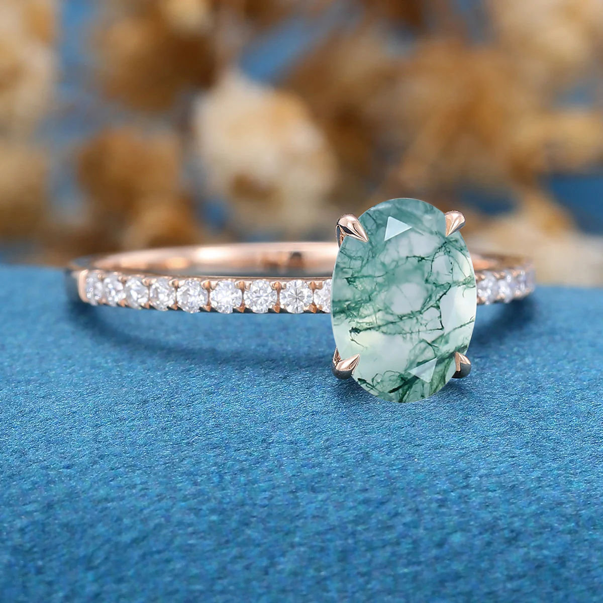 Oval Cut Natural Green Moss Agate Cluster Engagement Ring - Image 4