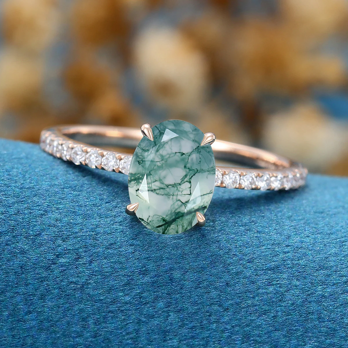 Oval Cut Natural Green Moss Agate Cluster Engagement Ring - Image 5
