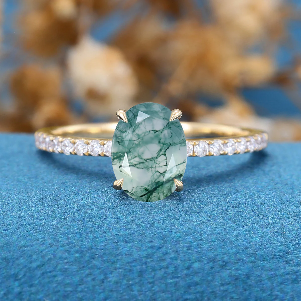 Oval Cut Natural Green Moss Agate Cluster Engagement Ring - Image 7