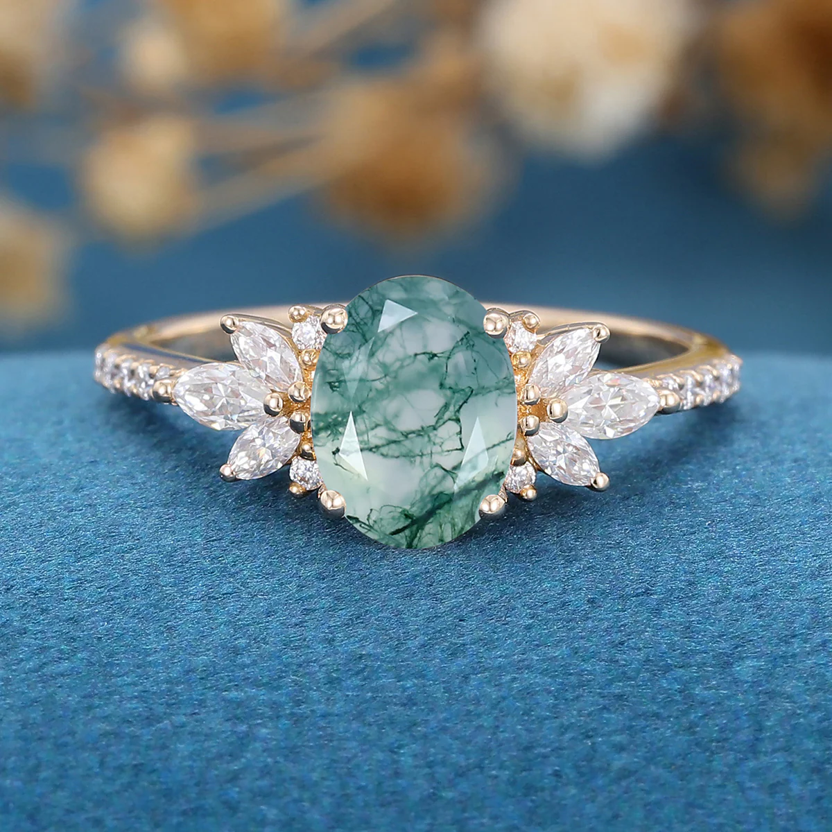Oval Cut Natural Green Moss Agate Stone Cluster Engagement Rings - Image 10