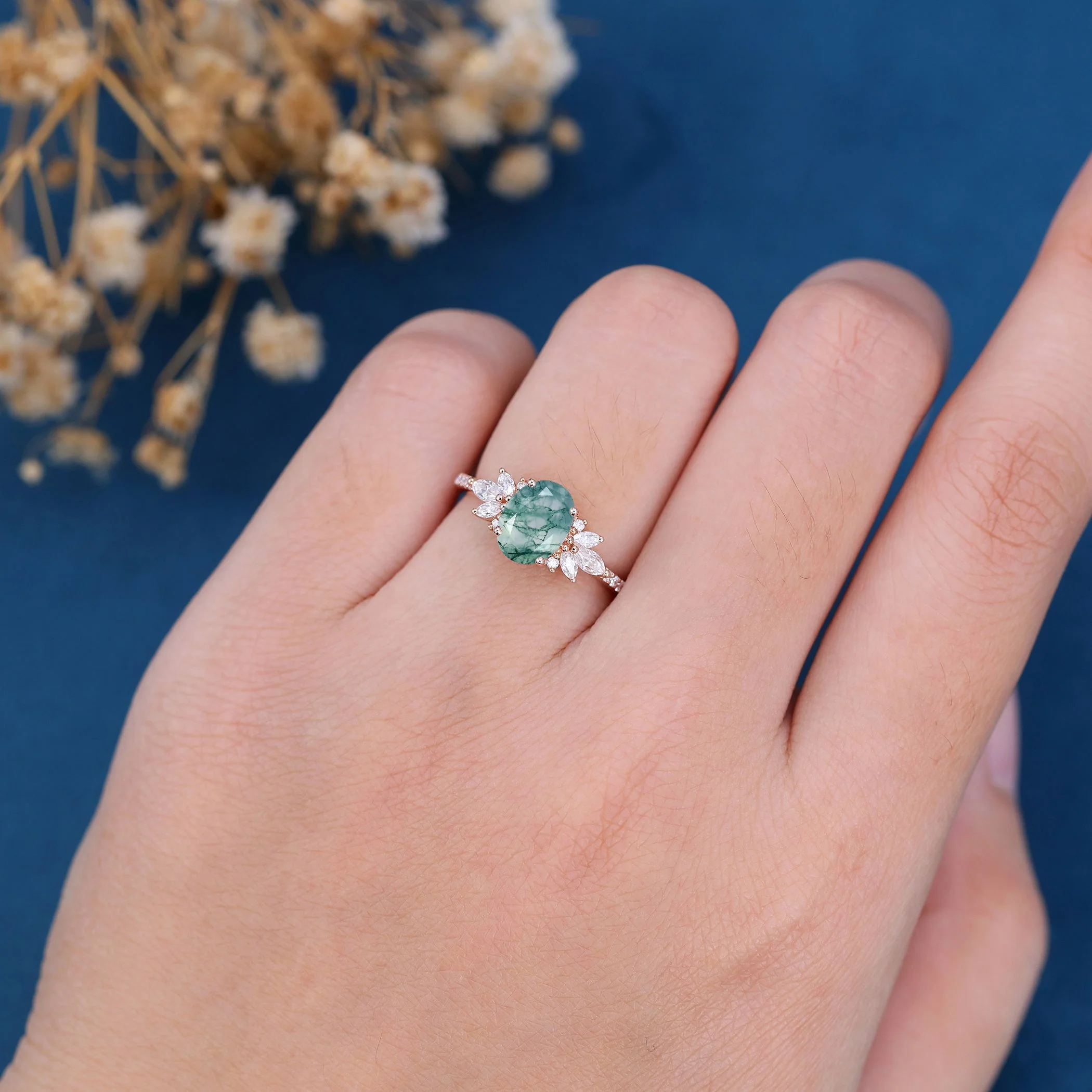 Oval Cut Natural Green Moss Agate Stone Cluster Engagement Rings - Image 2