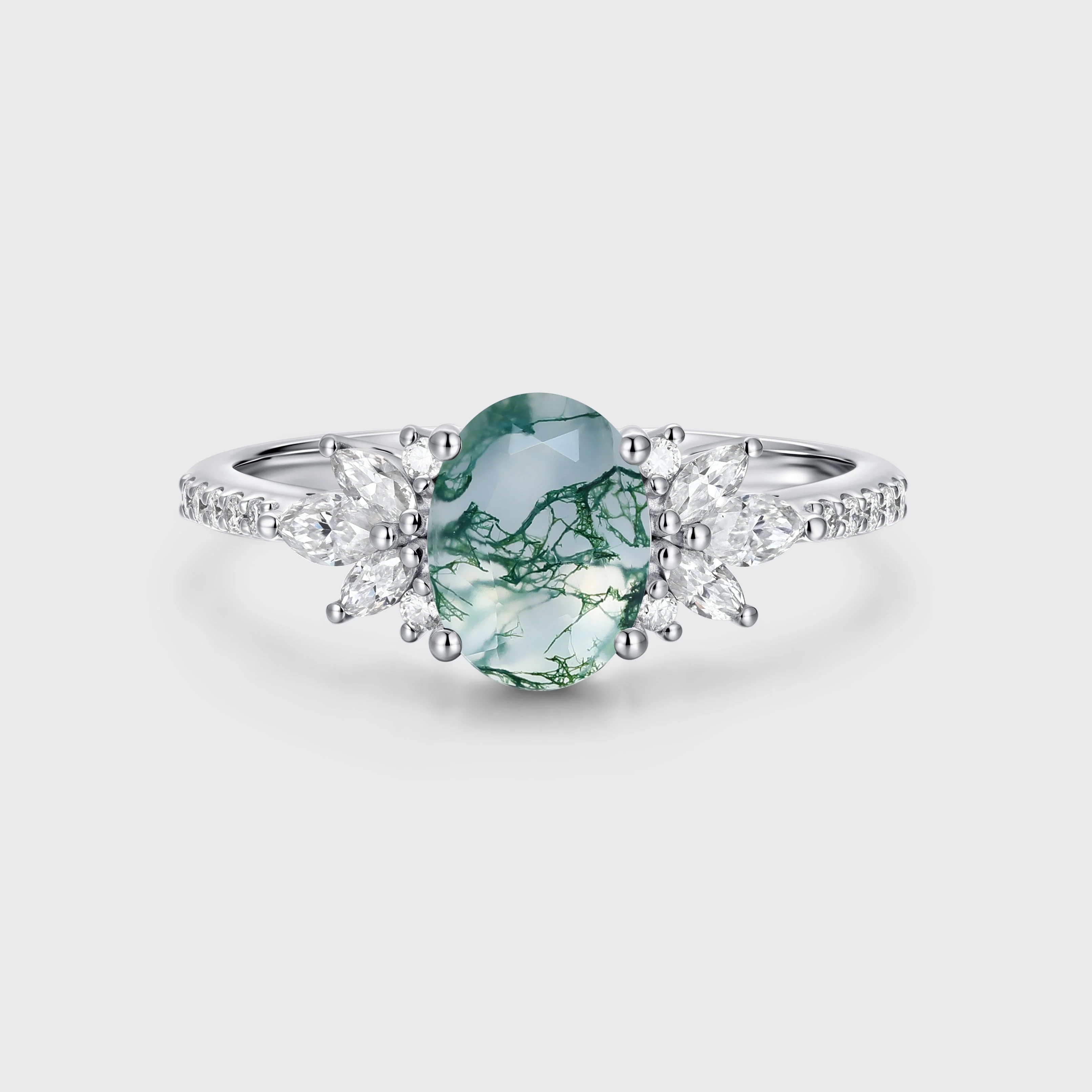 Oval Cut Natural Green Moss Agate Stone Cluster Engagement Rings - Image 3