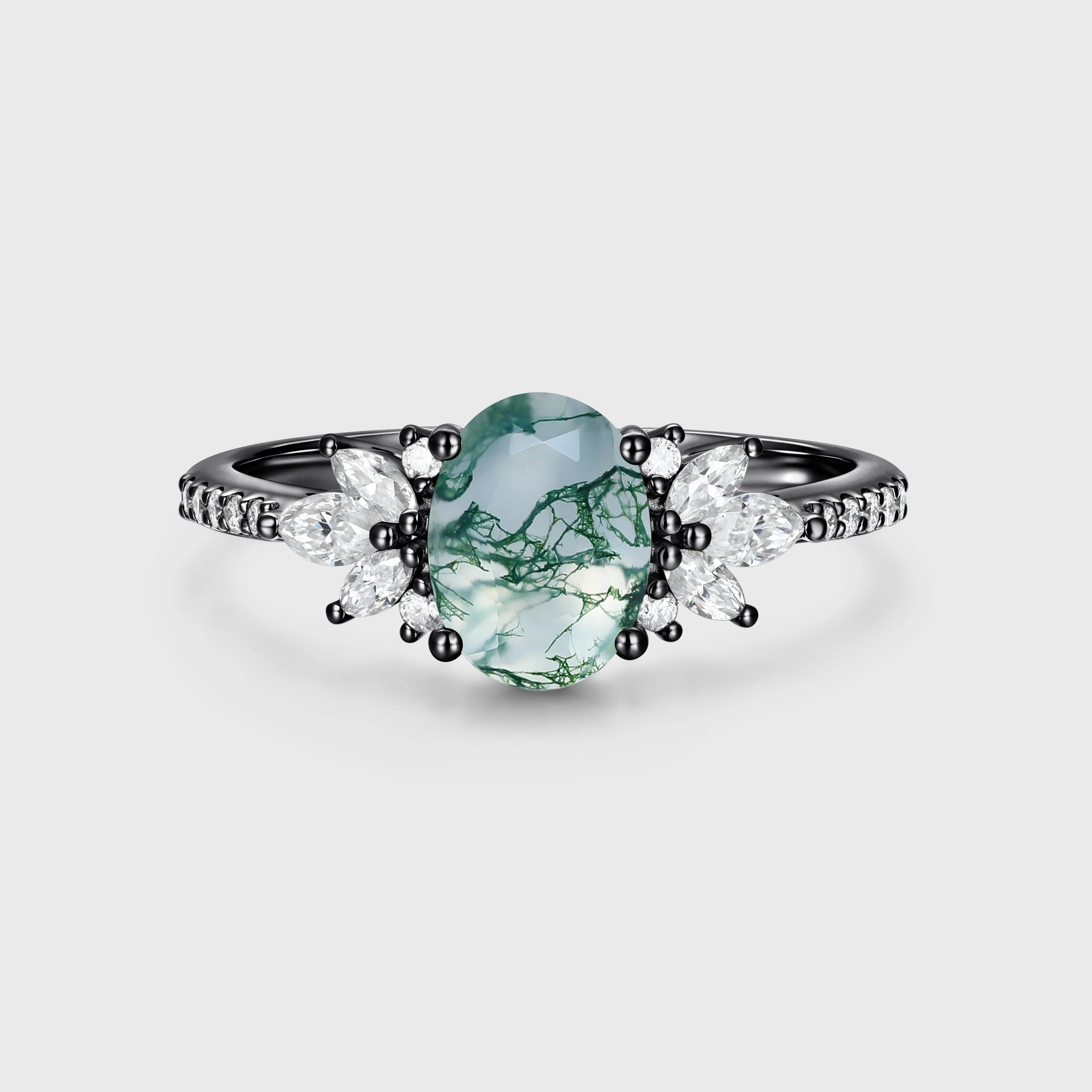 Oval Cut Natural Green Moss Agate Stone Cluster Engagement Rings - Image 4