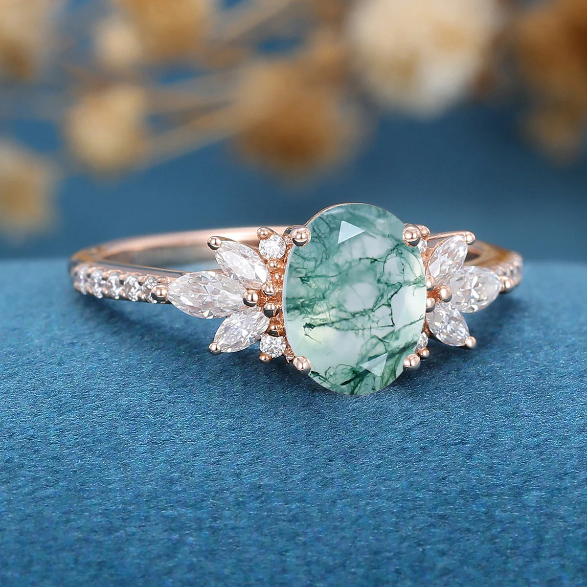 Oval Cut Natural Green Moss Agate Stone Cluster Engagement Rings - Image 5