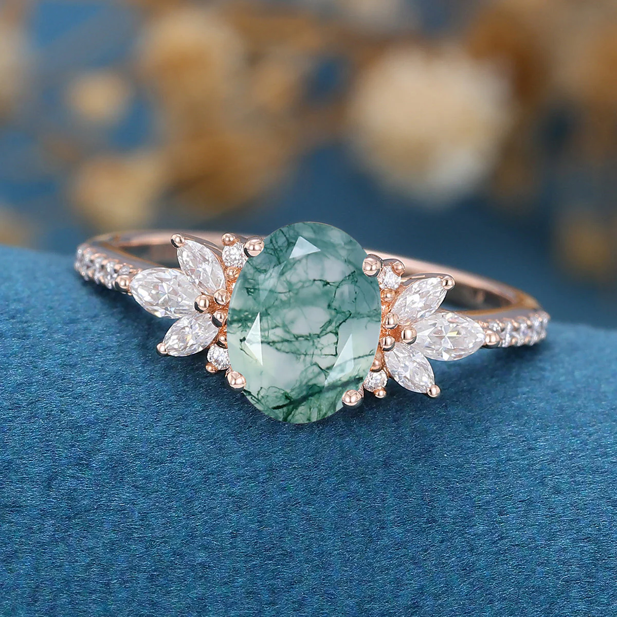 Oval Cut Natural Green Moss Agate Stone Cluster Engagement Rings - Image 6