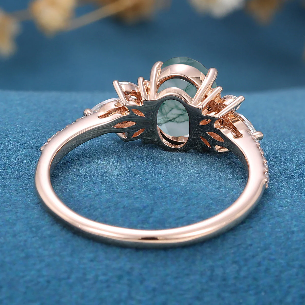 Oval Cut Natural Green Moss Agate Stone Cluster Engagement Rings - Image 7
