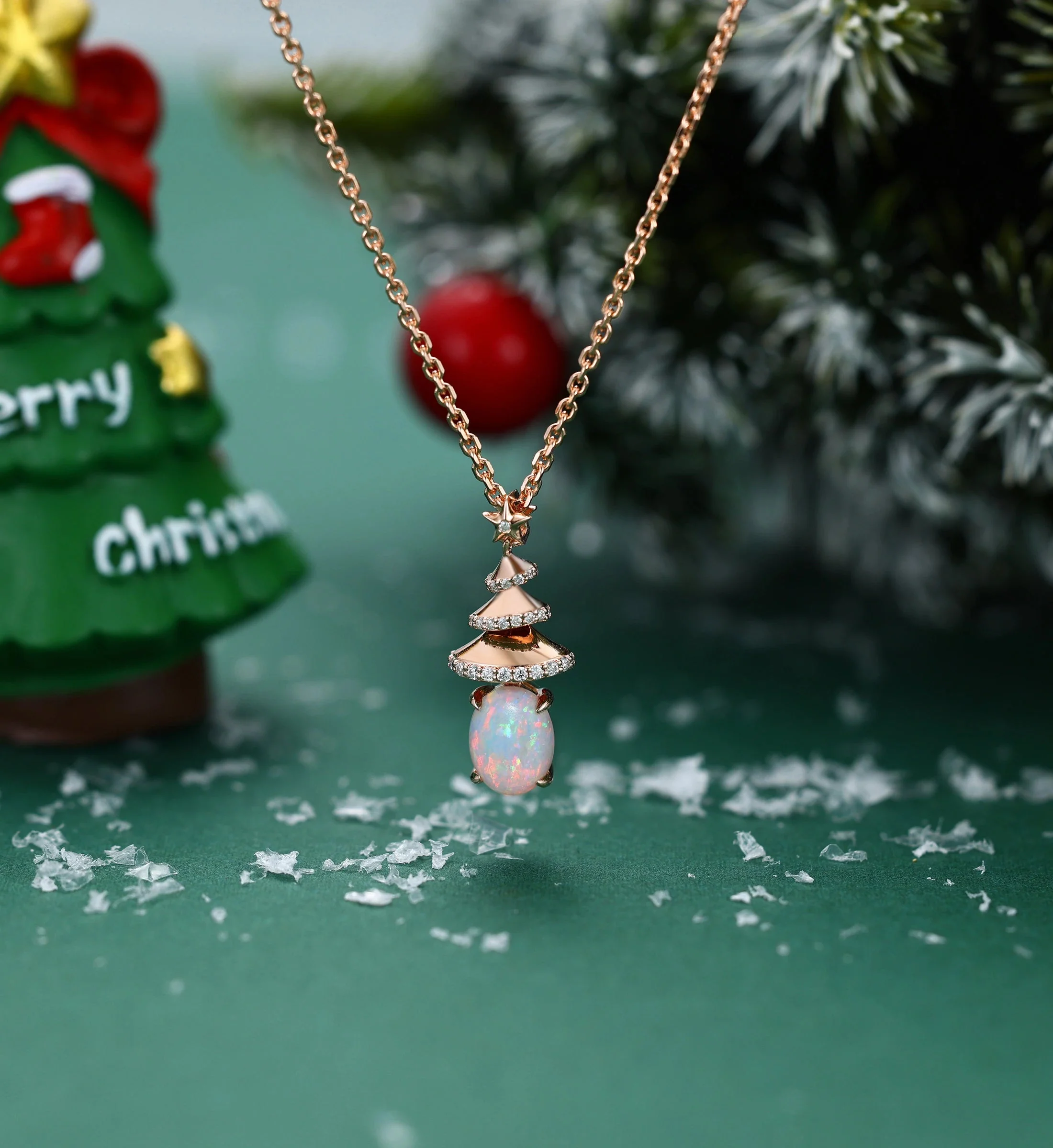 Oval cut Natural Opal Pendant Necklace with Diamonds Christmas tree - Image 3