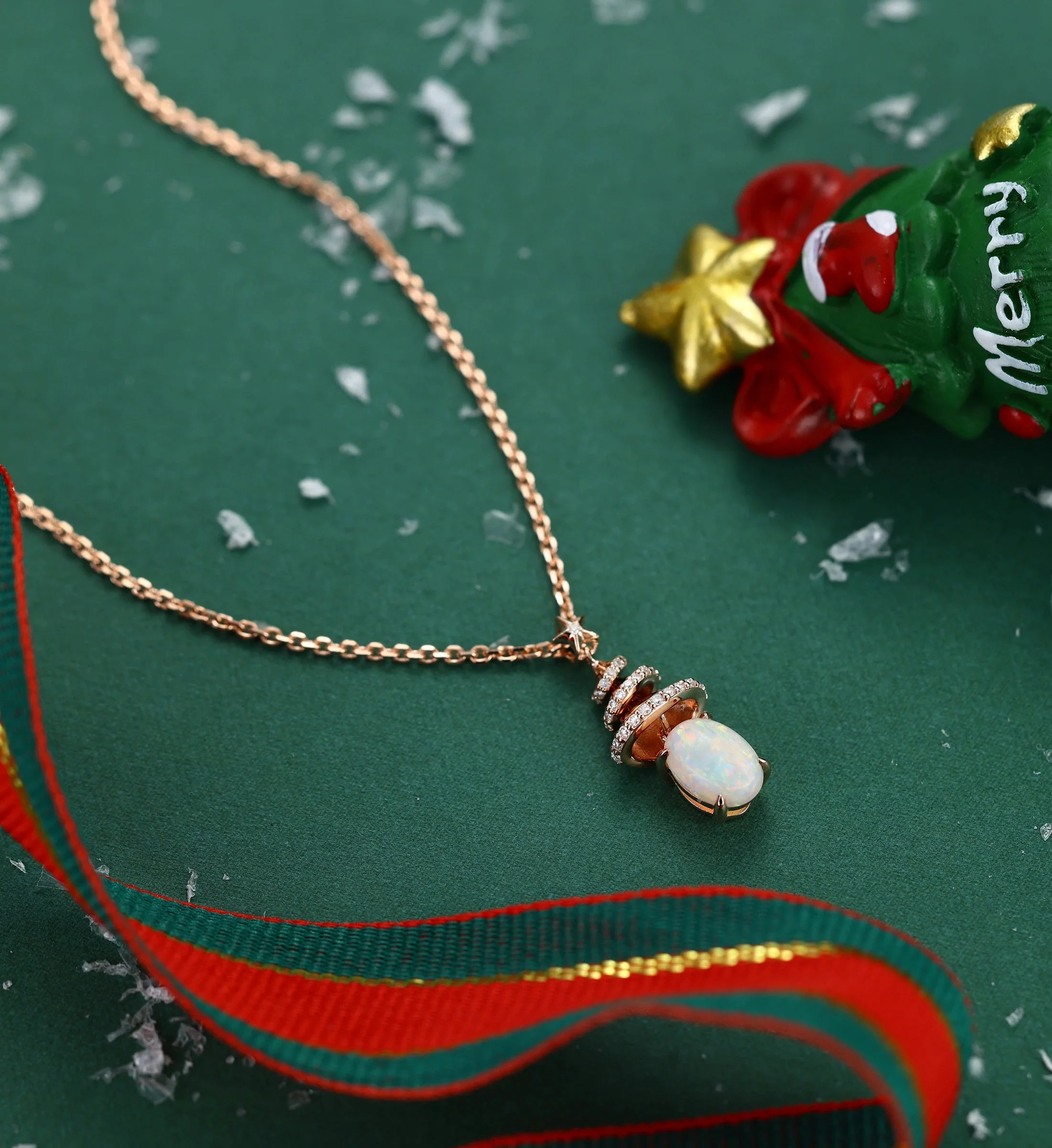 Oval cut Natural Opal Pendant Necklace with Diamonds Christmas tree - Image 4