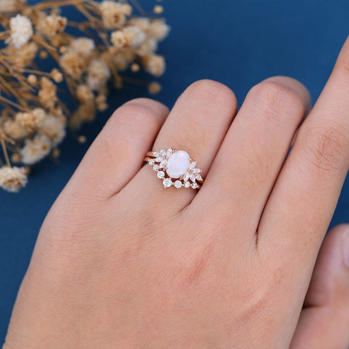 Oval cut Opal Engagement ring Bridal Set - Image 2