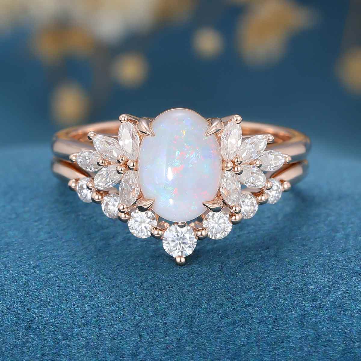 Oval cut Opal Engagement ring Bridal Set - Image 3