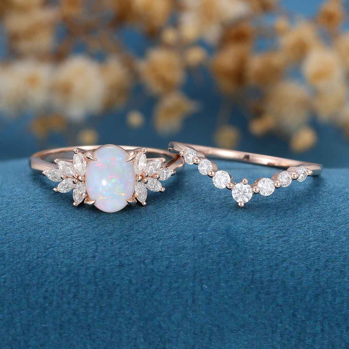 Oval cut Opal Engagement ring Bridal Set - Image 4