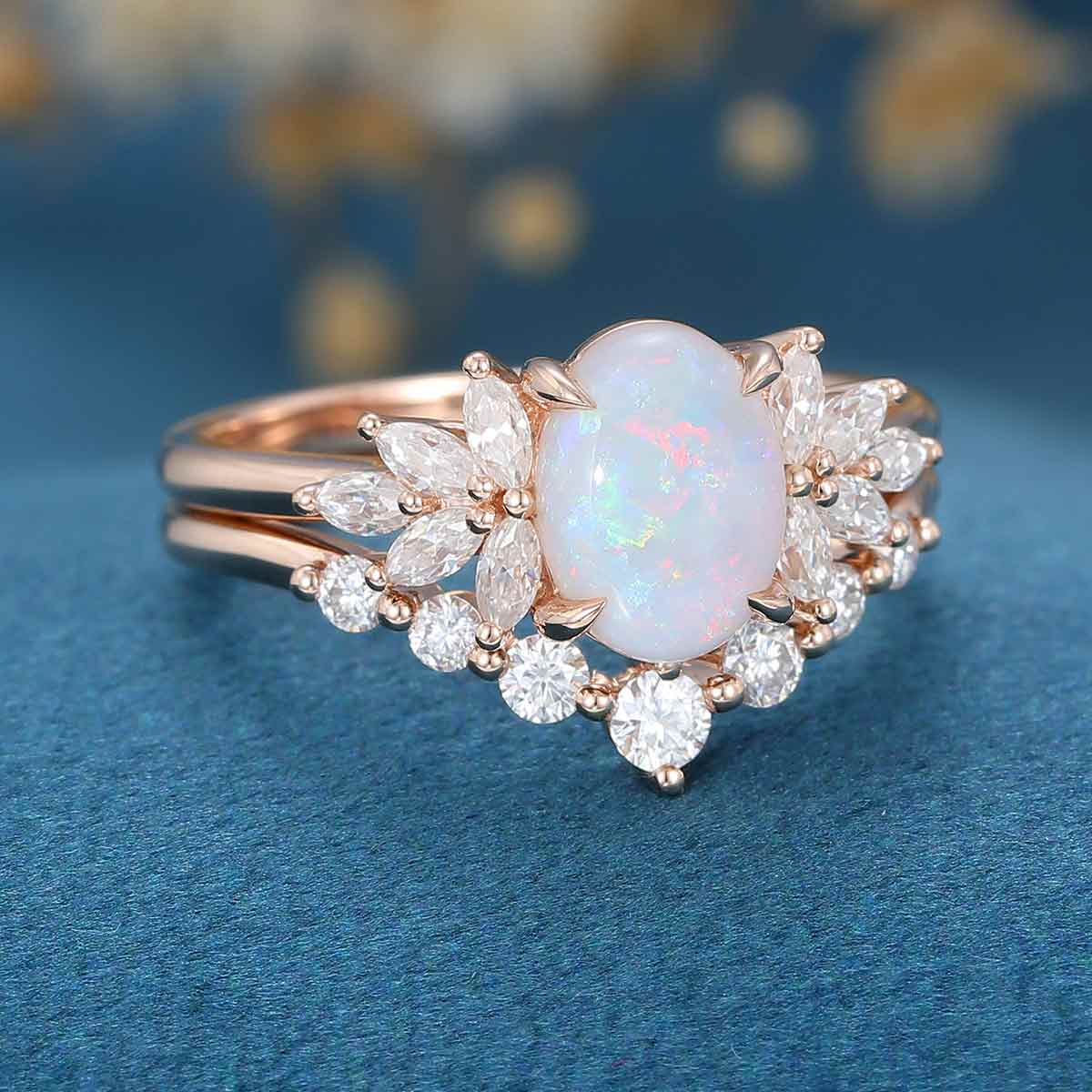 Oval cut Opal Engagement ring Bridal Set - Image 5