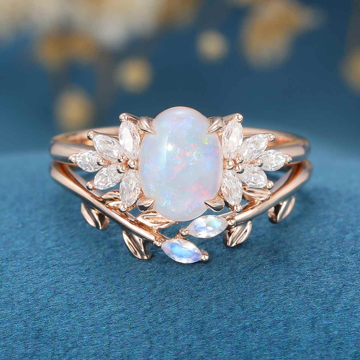 Oval cut Opal Engagement ring Bridal Set - Image 4