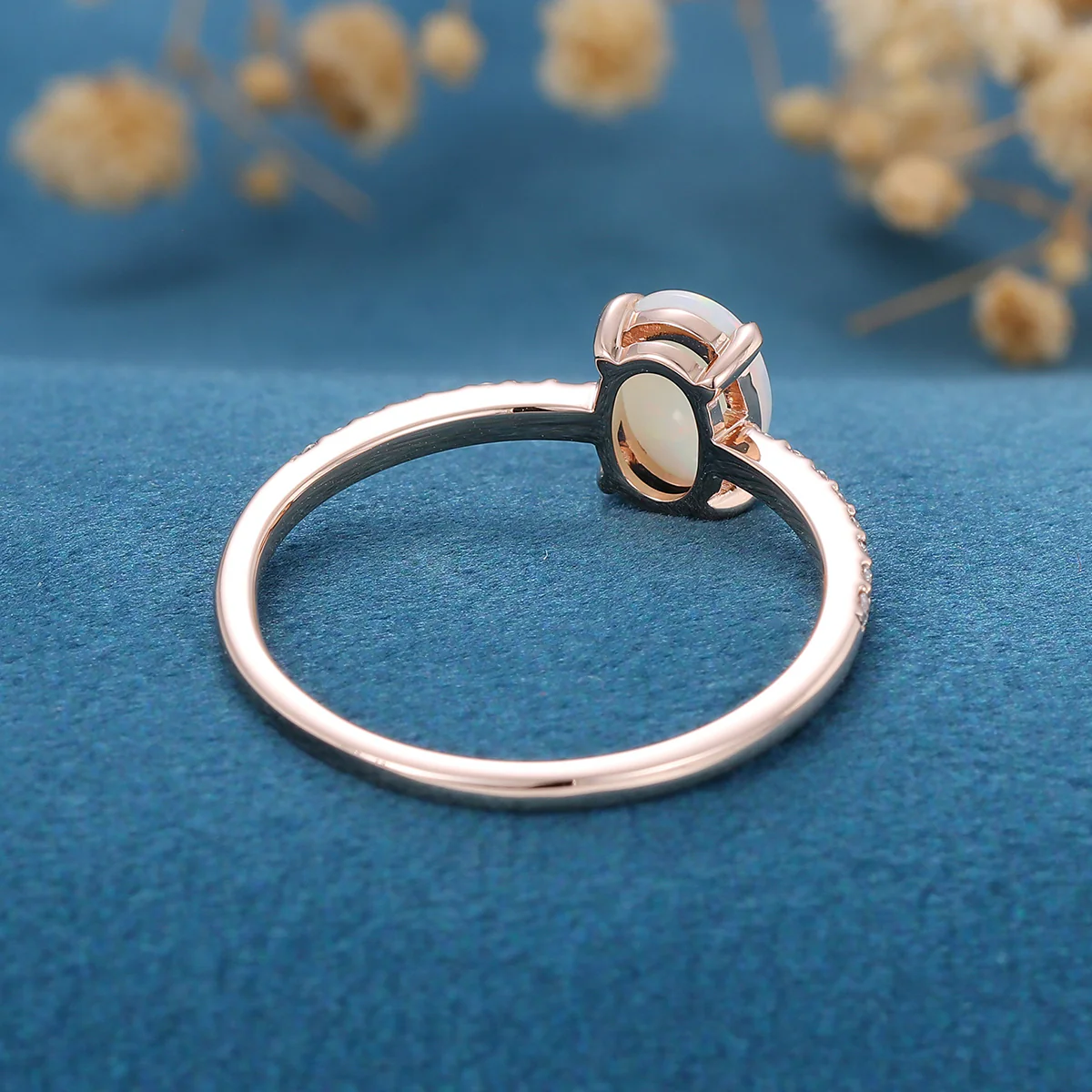 Oval Natural Opal pave band half eternity Engagement ring - Image 5