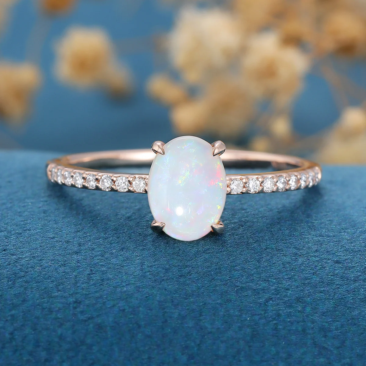 Oval Natural Opal pave band half eternity Engagement ring - Image 6