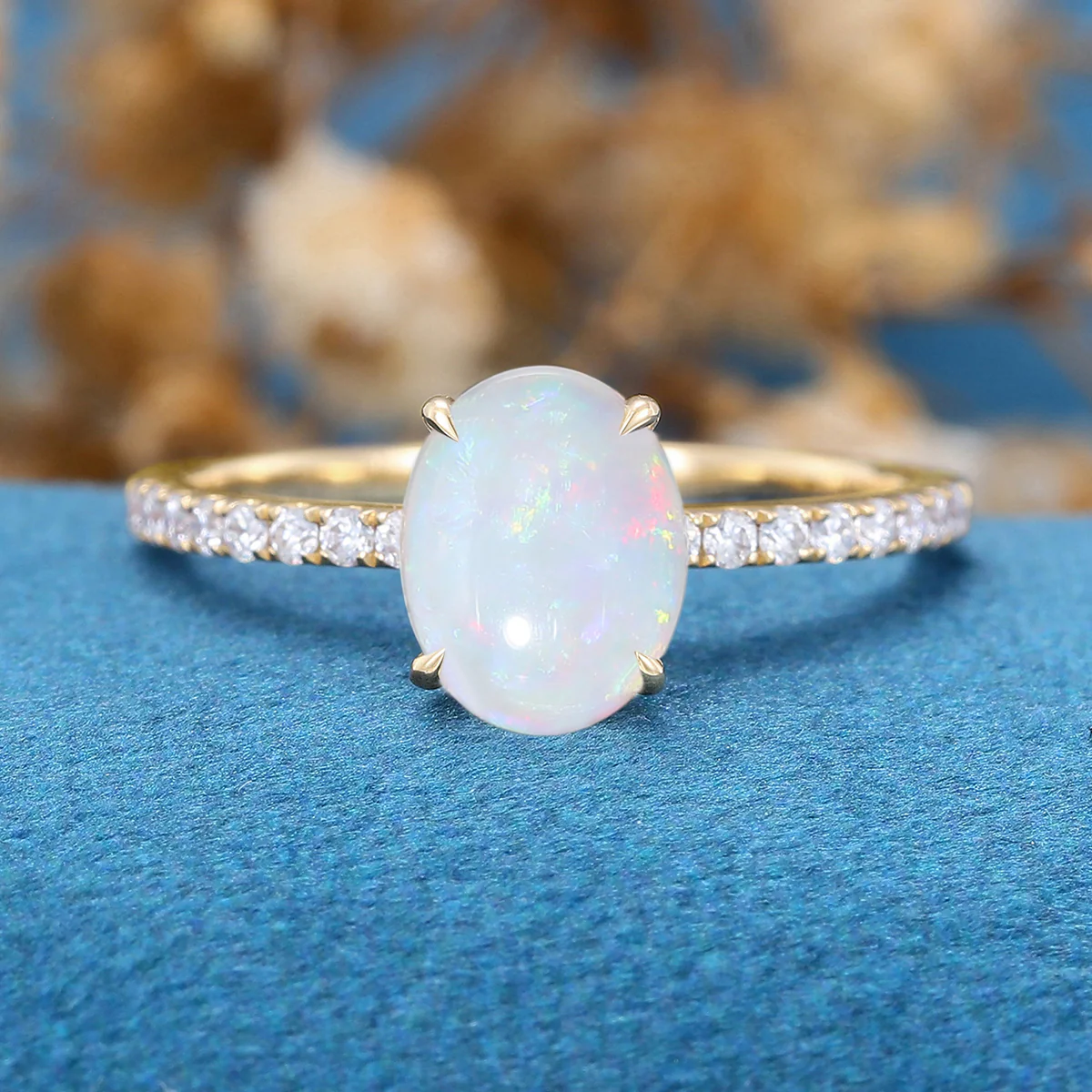 Oval Natural Opal pave band half eternity Engagement ring - Image 7