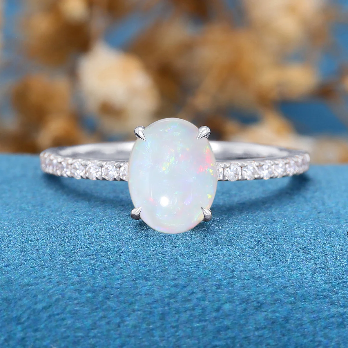 Oval Natural Opal pave band half eternity Engagement ring - Image 8