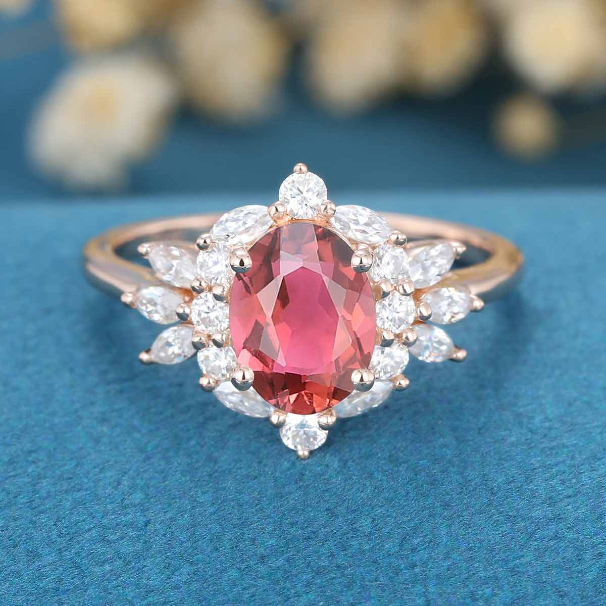 Oval cut Tourmaline Cluster Engagement ring - Image 3