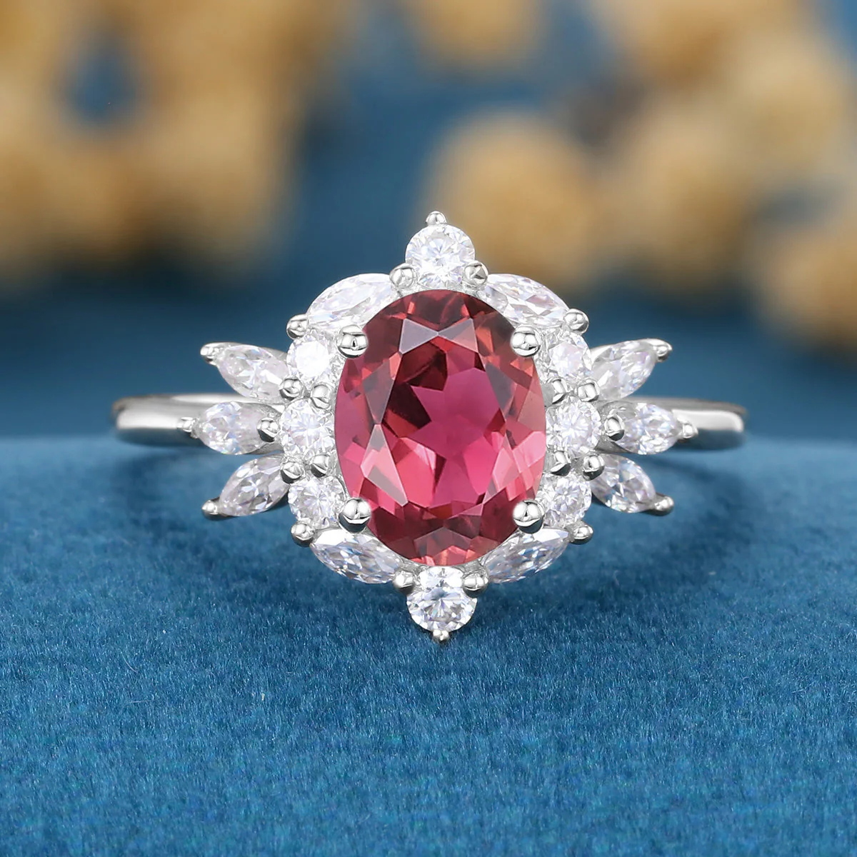 Oval cut Tourmaline Cluster Engagement ring - Image 7